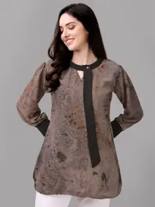 GUFRINA Grey & Black Print Keyhole Neck Georgette Longline Top