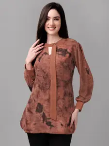 GUFRINA Brown Abstract Printed Keyhole Neck Georgette Longline Top