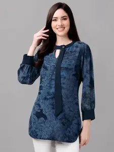 GUFRINA Navy Blue Abstract Printed Keyhole Neck Georgette Longline Top