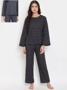 The Kaftan Company Women Black & Off White Checked Pure Cotton Night suit