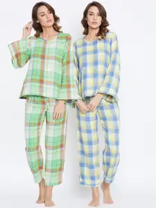 The Kaftan Company Women Green & White Checked Night suit