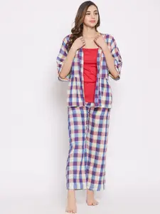 The Kaftan Company Women Blue & Red Checked Night suit
