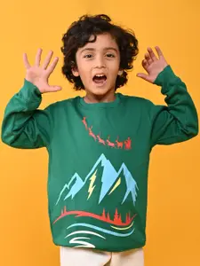 Anthrilo Boys Green Printed Fleece Sweatshirt