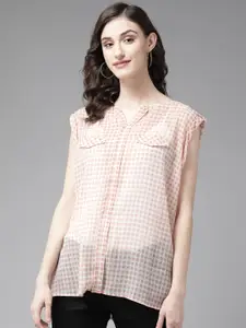 Aarika Women Peach-Coloured & White Checked Sheer Georgette Shirt Style Checked Top
