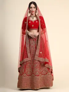 Phenav Red & Gold-Toned Embroidered Ready to Wear Lehenga & Blouse With Dupatta