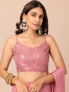 Rang by Indya Pink & Gold-Toned Sequinned Floral Embroidered Crop Top