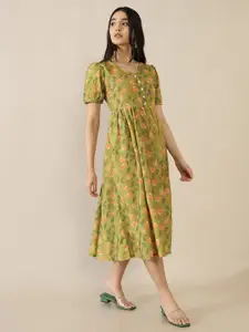 Saaki Green Floral A-Line Midi Dress