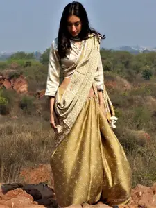 Chidiyaa Olive Green & White Printed Modal Silk Saree