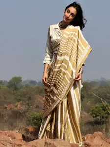 Chidiyaa Olive Green & White Striped Modal Silk Saree