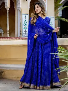 HOUSE OF JAMOTI Blue & Gold-Toned Printed Ready to Wear Lehenga & Blouse With Dupatta
