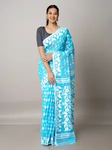 Unnati Silks Blue & White Woven Design Handloom Jamdani Saree