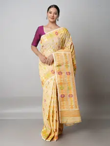 Unnati Silks Cream-Coloured & Yellow Woven Design Handloom Pure Cotton Jamdani Saree