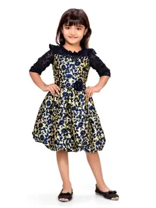 Doodle Yellow & Navy Blue Floral Fit & Flare Dress