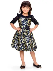 Doodle Girls Navy Blue & Gold-Toned Floral Balloon Dress