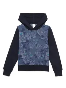 mackly Girls Navy Blue Printed Hooded Sweatshirt
