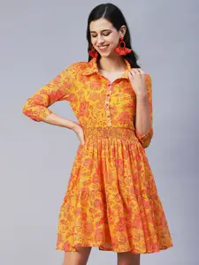FASHOR Women Yellow Floral Fit And Flare Dress