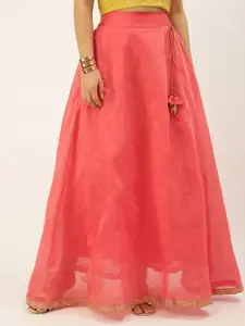 De Moza Women Coral Colored Solid Flared Full Length Maxi Skirt