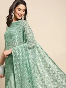 HERE&NOW Sea Green Checked Sequined Saree