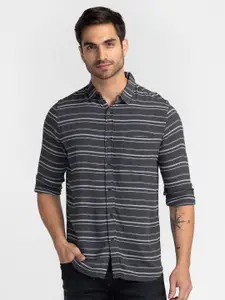 Globus Men Grey Comfort Horizontal Striped Pure Cotton Casual Shirt