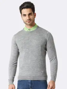 Van Heusen Athleisure Men Grey Textured Crew Neck Full Sleeve Sweater