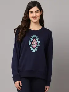 Kanvin Women Navy Blue Printed Cotton Sweatshirt