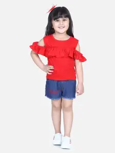 AWW HUNNIE Red & Blue Cold Sholder Pure Cotton Ruffles Top