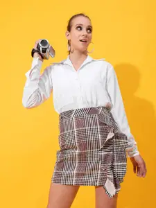 Stylecast X Hersheinbox Women Linen Checked Straight Skirt With Ruffles Detail