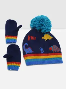 max Boys Blue & Yellow Embroidered Beanie With Gloves