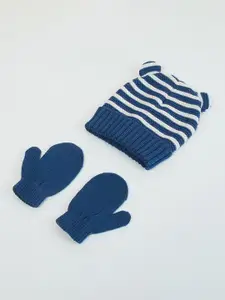 max Boys Blue & White Printed Beanie With Gloves