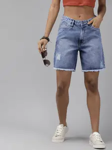 The Roadster Life Co. Women Washed High-Rise Frayed Hem Cotton Distressed Denim Shorts