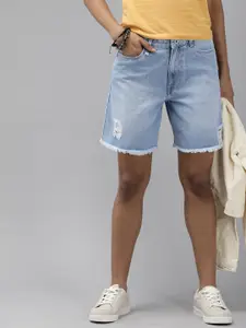 The Roadster Life Co. Women High-Rise Frayed Hem Pure Cotton Distressed Denim Shorts