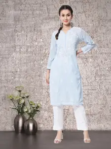 PARAMOUNT CHIKAN Women Chikankari Hand Embroidered Blue Cotton Straight Kurta