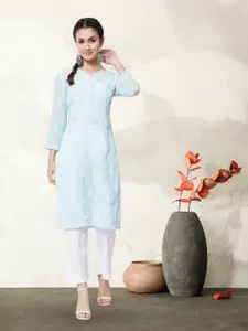 PARAMOUNT CHIKAN Women Blue Chikankari Hand Embroidered Straight Kurta