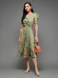 Miss Chase Olive Green & Pink Floral Midi Dress