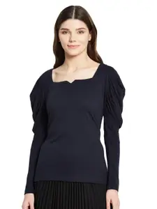 UNMADE Women Navy Blue Solid Square Neck Top