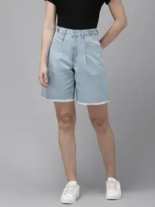 The Roadster Life Co. Women High-Rise Cotton Denim Shorts With Frayed Hem