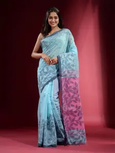 Charukriti Women Blue & Pink Woven Design Pure Cotton Saree