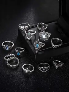 Fashion Frill Set Of 13 Silver-Plated Blue Floral Finger Ring