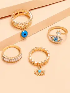 Fashion Frill Set Of 4 Gold-Plated Blue AD Studded Evil Eye Finger Ring