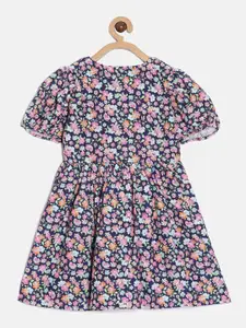 Aomi Girls Navy Blue & Pink Floral Print V-Neck Cotton Dress