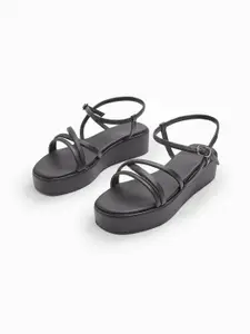 The Label Life Women Black Flatform Heeled Sandals with Buckles
