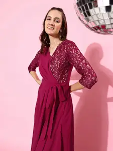 Miss Chase Georgette Lace Inserts Maxi Wrap Dress