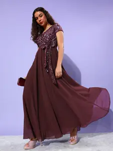 Miss Chase Maroon Georgette Maxi Dress