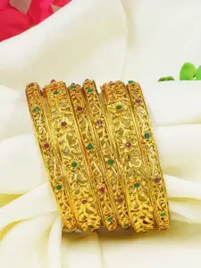 GRIIHAM Set of 6 Red & Green Gold Plated AD Studded Bangles
