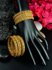 GRIIHAM Set Of 6 Gold-Plated Red & Green AD Studded Bangles