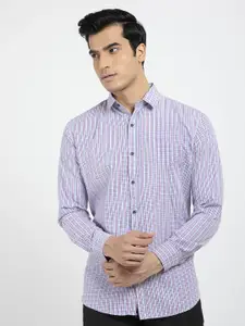 RED FEATHER Men Blue Grid Tattersall Checks Cotton Formal Shirt