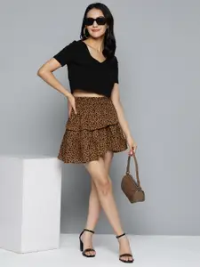HERE&NOW Brown & Black Printed Mini Flared Skirt