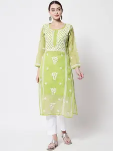 PARAMOUNT CHIKAN Women Green Chikankari Embroidered Ethnic Motifs Cotton Straight Kurta