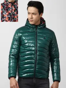 Peter England Casuals Men Green Black Reversible Hodded Puffer Jacket