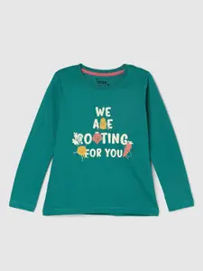 max Girls Green Typography Printed Applique Cotton T-shirt